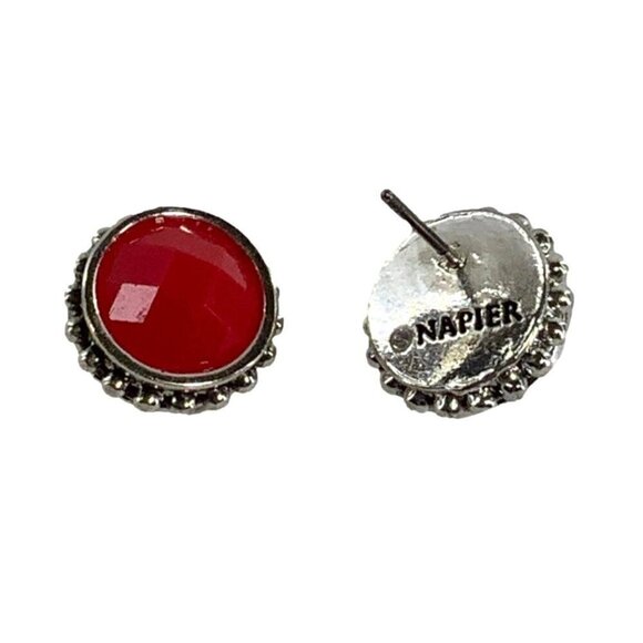 Napier Faceted Red Stone Silver Tone Round Stud Earrings - Picture 2 of 2